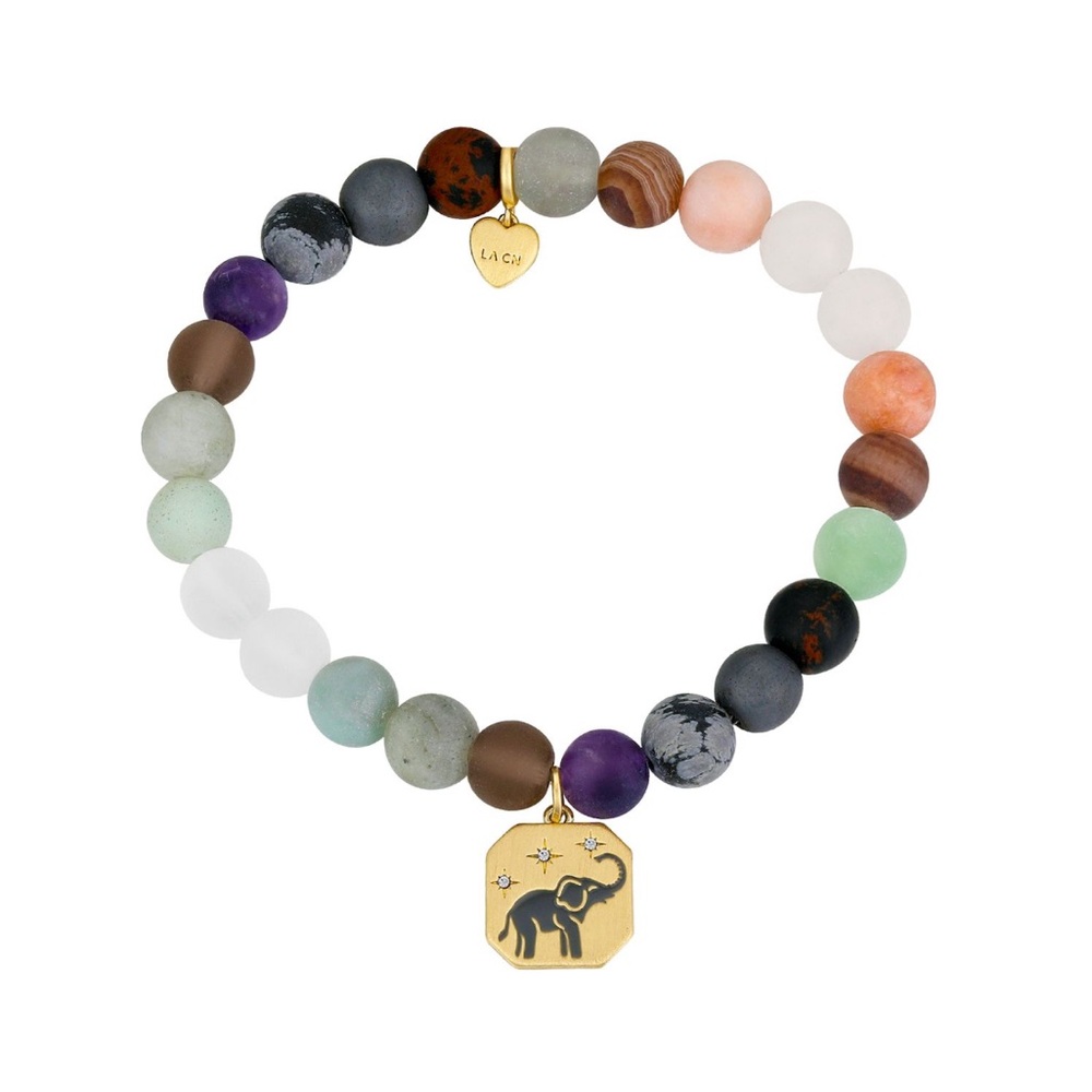 NWT 14k Gold Tone Elephant, Stars, Multi-Color Matte Stone Stretch Bracelet